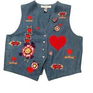 Vintage Denim Vest Embroidered Hearts Flowers Boho Retro Cottagecore Festival M‎